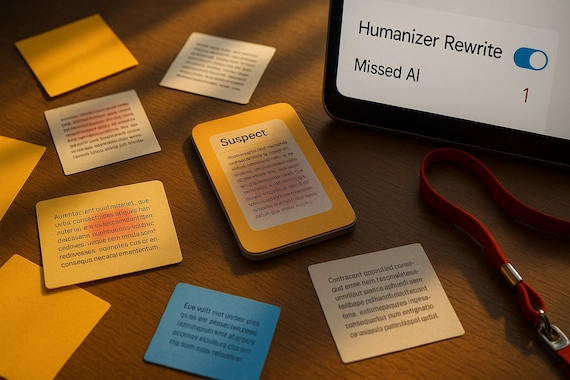 GPTZero review short-text visual: sticky-note snippets, a “humanizer” toggle, and rising misses indicating rewrite challenges.