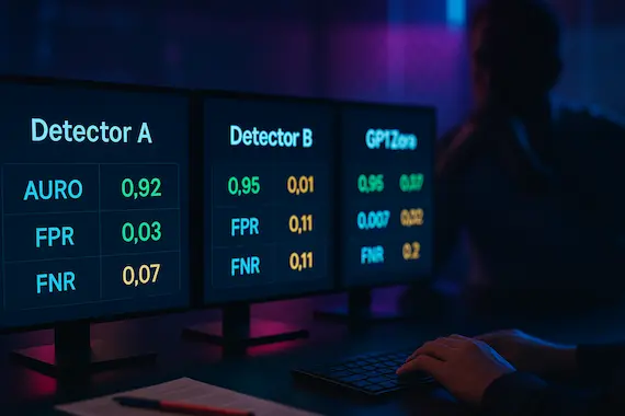 GPTZero review comparison: three neutral detector scorecards side-by-side highlighting AUROC, FPR, and FNR trade-offs.