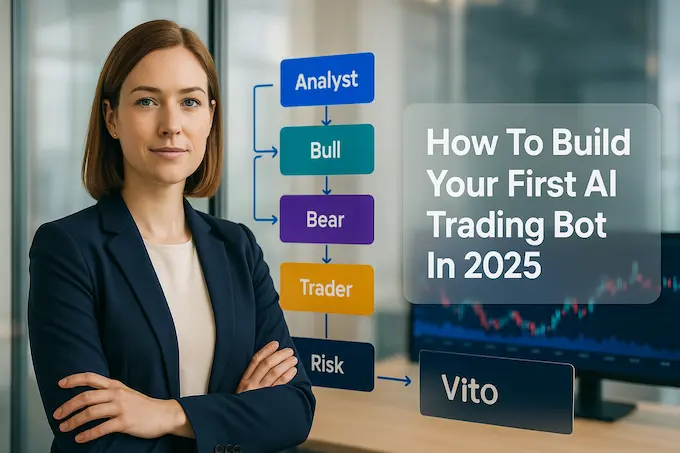 Professional woman reviews modular agents and charts for an AI trading bot in a bright studio, with space for the headline.