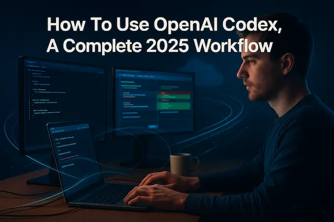 Developer orchestrating Openai Codex across terminal, IDE, and cloud with title overlay, 2025 workflow hero image.