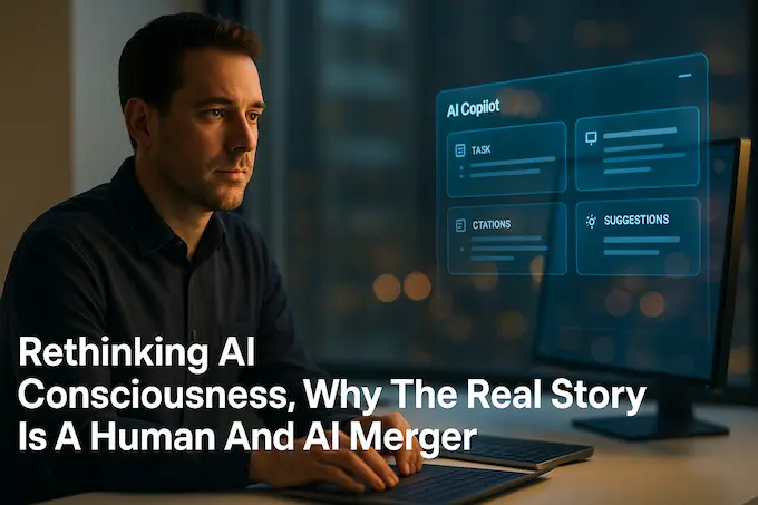 Professional works beside an AI copilot interface, illustrating AI consciousness as a real-world human–AI merge.