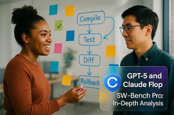 Team plans compile-test loops and focused diffs inspired by SWE-Bench Pro recommendations on a bright whiteboard.
