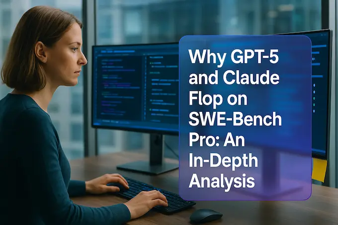 English engineer reviews code and test results for SWE-Bench Pro analysis in a bright office with headline overlay.