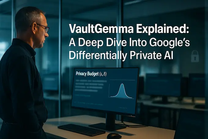 Engineer reviewing privacy dashboard for VaultGemma, illustrating differentially private AI at production scale.