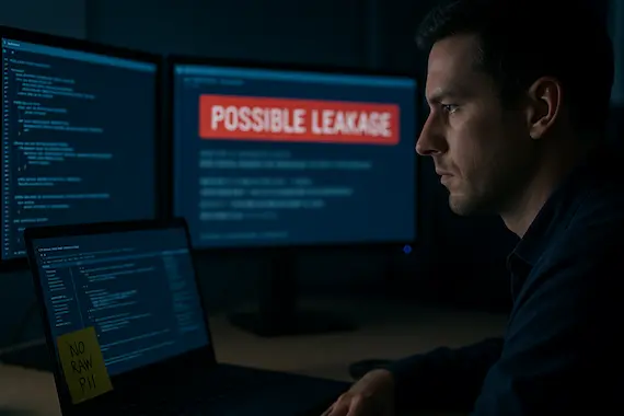 Analyst flags memorization risks on screens while VaultGemma keeps sensitive strings blurred in output.