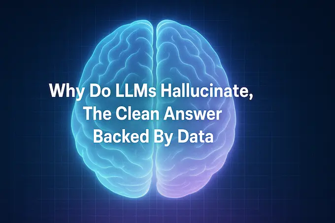 An analytical hologram brain with title explaining why do llms hallucinate