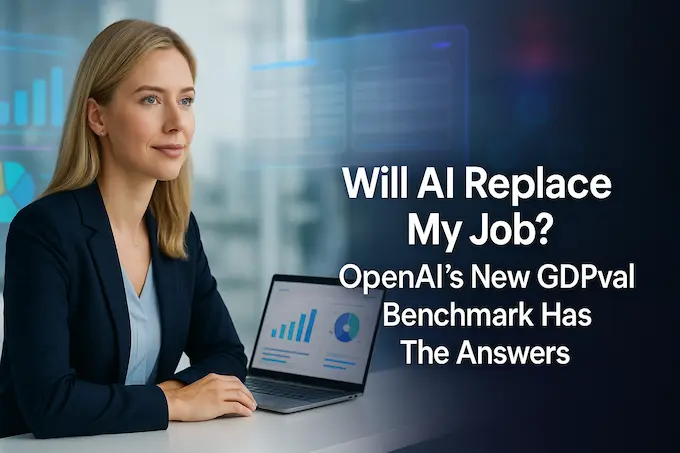 Professional woman with AI dashboard in bright office; Time-style headline; will AI replace my job explored via GDPval insights.