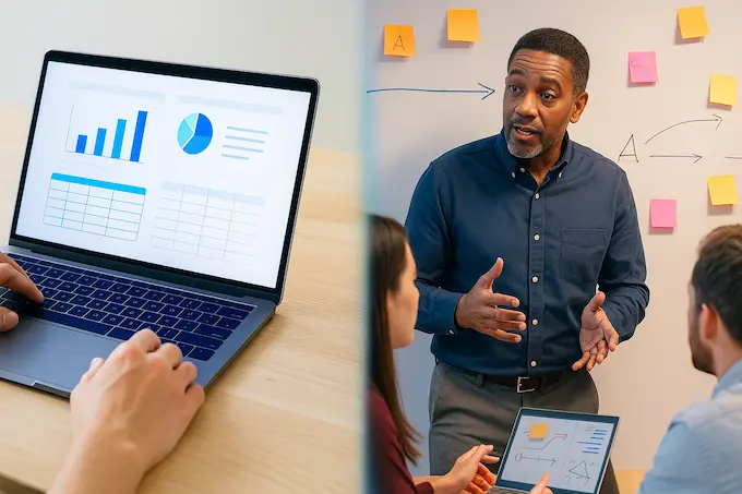 Split scene of AI handling structured slides and a manager navigating ambiguity, nuanced answer to will AI replace my job.