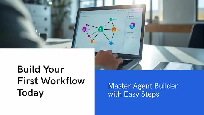 Over-shoulder laptop view building an Agentkit workflow with nodes, guardrails, and file search on a clean visual canvas.