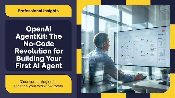 Professional English man in bright studio reviewing an Agentkit workflow; magazine headline overlay on right.