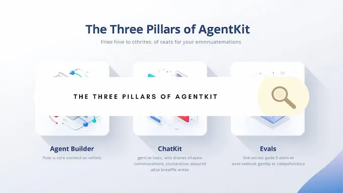 Editorial diagram of the three pillars of Agentkit—Agent Builder, ChatKit, and Evals, shown as bold icons on a bright gradient.