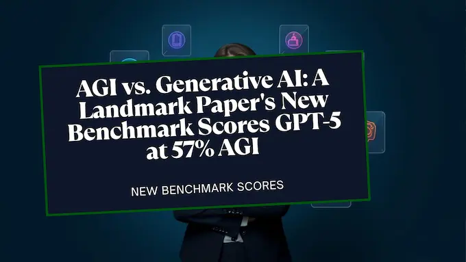 Professional woman with luminous AI grid and headline overlay, illustrating AGI vs generative AI benchmark shift.