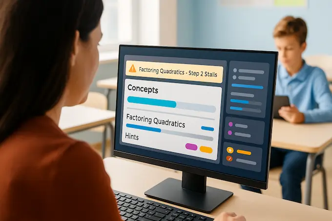 Teacher uses adaptive dashboard while a student practices on a tablet, delivering tailored learning: AI for good.