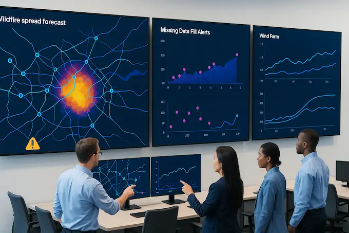 City team monitors wildfire and wind-farm dashboards in a bright ops room, data fusion preventing harm: AI for good.