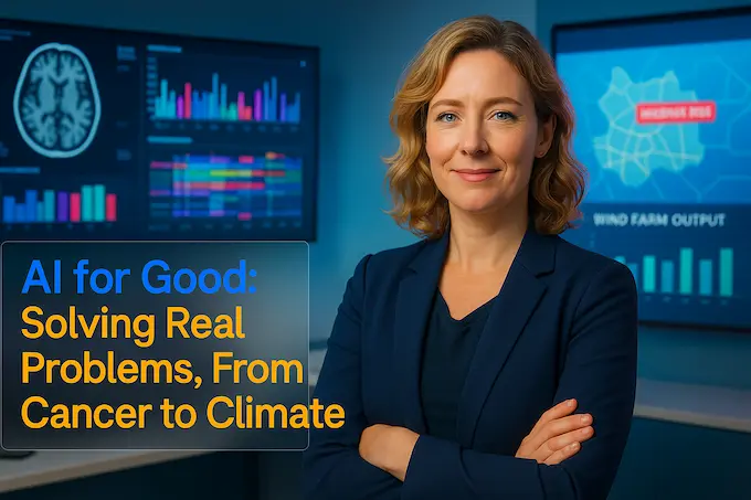 English scientist in bright lab with health and climate dashboards; magazine headline overlay; AI for good.