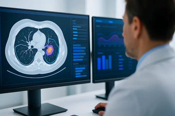 Radiologist reviews AI-highlighted CT scan in a bright clinic, showing early detection at work: AI for good.