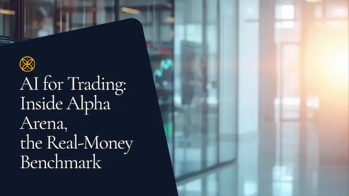 Professional woman on trading floor with headline overlay about AI for trading benchmark, bright gradients and glass card, AI for trading.