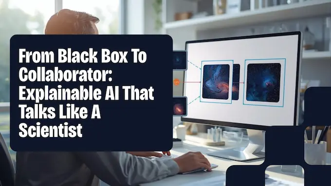Scientist reviews image triplets with clear visual callouts on a bright lab monitor, no text; AI in astronomy.