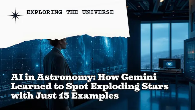 Professional astronomer in bright observatory beside screens, headline space reserved; AI in astronomy.