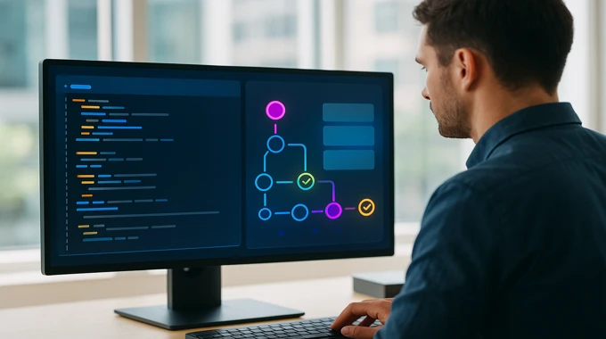 Over-shoulder view of engineer reviewing sandboxed code and threat model graphics: AI News November 1 2025.