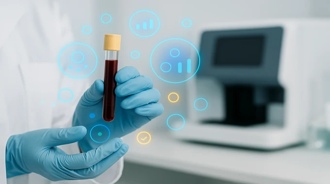 Clinician holding a blood vial with abstract biomarker overlays in a bright lab: AI News November 1 2025.