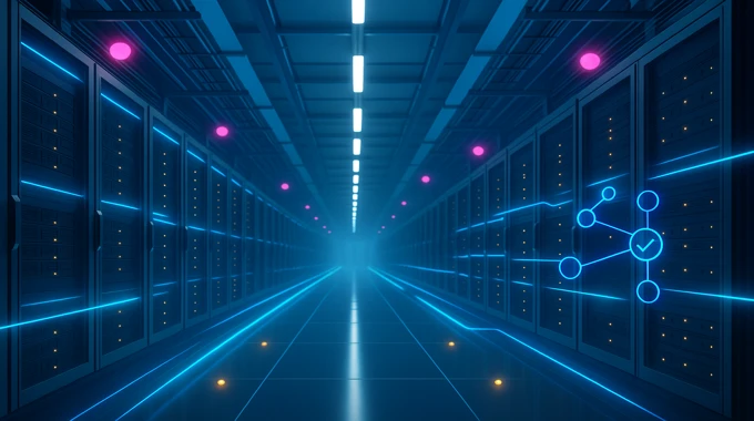 Bright symmetrical datacenter aisle with abstract energy flows for AI factories: AI News November 1 2025.