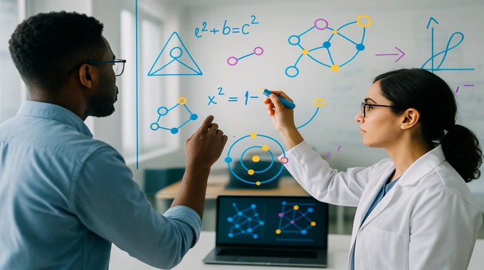 Researchers sketch abstract math and graphs on glass in a bright lab-classroom: AI News November 1 2025.