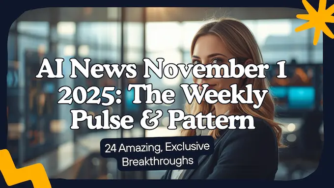 Professional editor in bright tech newsroom with headline panel — AI News November 1 2025 weekly cover.