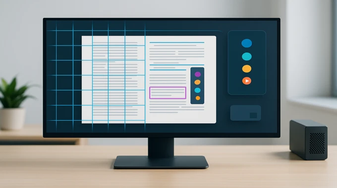 Monitor with tiled overlay analyzing a generic scanned document for enterprise vision-language: AI News November 1 2025.