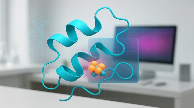 Ribbon protein with highlighted ligand over a bright lab-workstation backdrop: AI News November 1 2025.