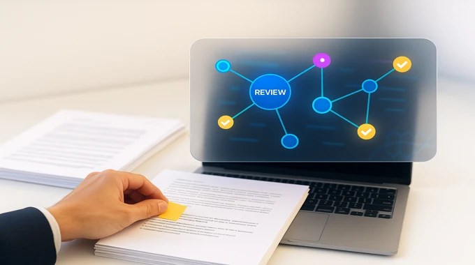 Abstract policy-to-reasoning flow with human review cues in bright studio light: AI News November 1 2025.