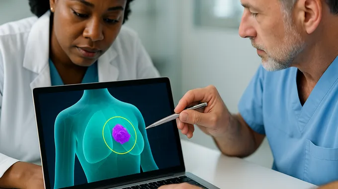 AI News October 25 2025 clinicians review bright 3D breast MRI model with tumor and margin overlays for planning