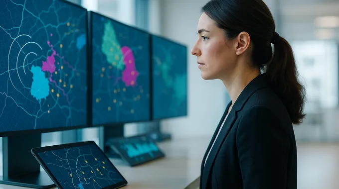 AI News October 25 2025 geospatial analyst reviews bright layered climate risk maps in a decision room