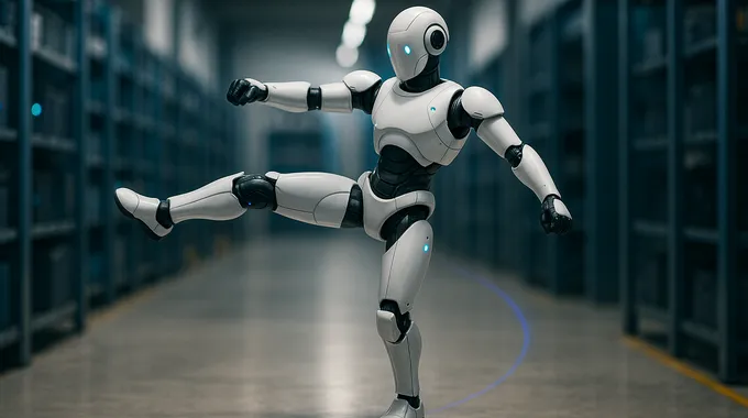 AI News October 25 2025 humanoid robot balancing in a bright warehouse, precise motion and control