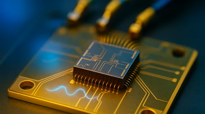 AI News October 25 2025 quantum chip macro with bright gold traces and subtle echo waveform