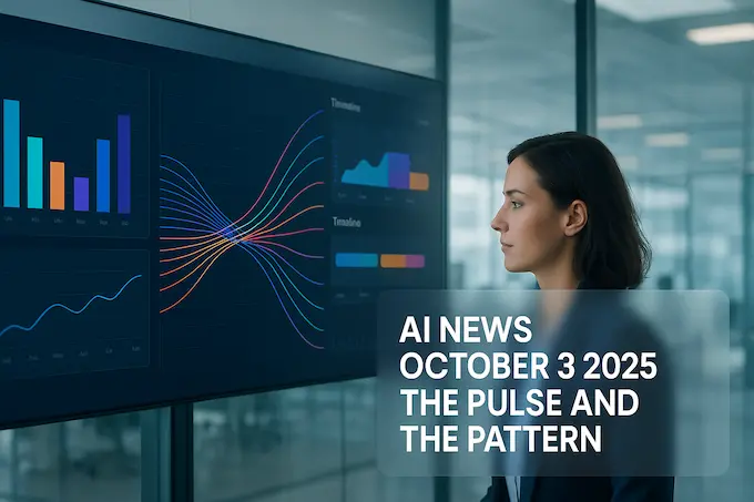 AI News October 3 2025 feature image of an analyst in a bright newsroom reviewing AI dashboards, signal-over-noise theme.