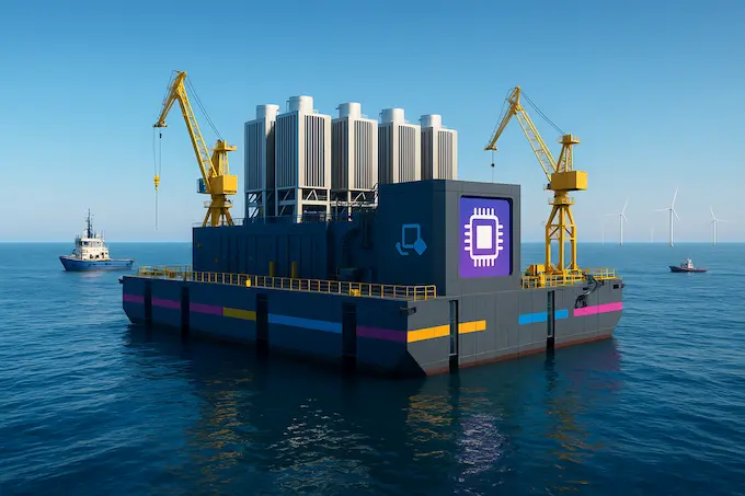 AI News October 3 2025 coastal scene of a floating data center platform with bright skies and turbines, hinting Stargate-scale AI.