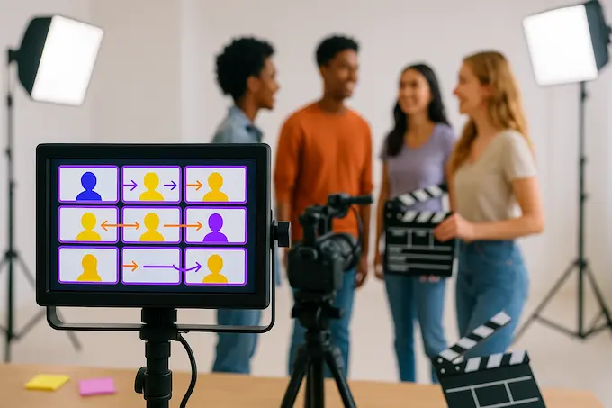 AI News October 3 2025 studio scene with storyboard monitor and cameo concept, showing brighter, coherent video creation.