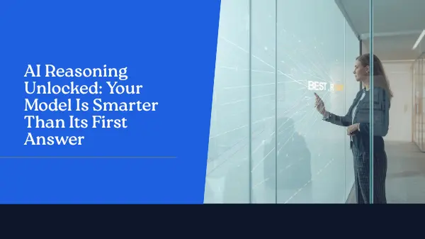Professional woman analyzing branching paths on glass board, illustrating AI reasoning in an office, high-contrast vibrant look.