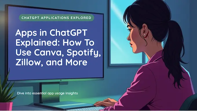 Professional woman using apps in ChatGPT with inline map, music, and slide cards; bright desk scene with space for headline.