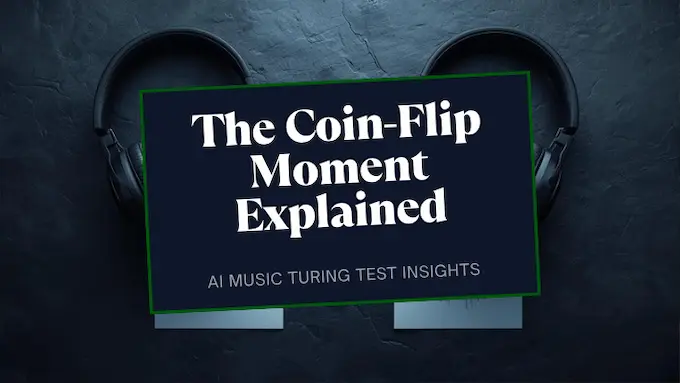 A/B blind listening concept with coin flip and twin headphones, illustrating tests for best AI music generator.