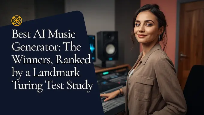 Woman producer in bright studio with waveform screens; magazine title overlay about best AI music generator.