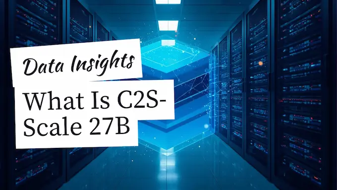 Symmetrical server racks with abstract transformer layers, representing the C2S-Scale 27B model in the Cell2Sentence framework.