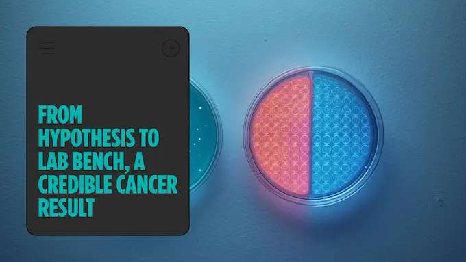 Macro lab plates with subtle activation cues and MHC-I symbolism, visualizing Cell2Sentence’s validated cancer finding.