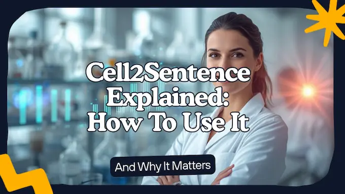 Scientist in bright lab with gene-to-text visuals and headline about Cell2Sentence in cancer research, editorial magazine style.