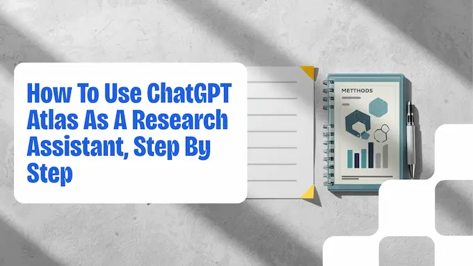 Top-down desk scene showing a research flow with paper, references, and a chat sidebar, inspired by ChatGPT Atlas.