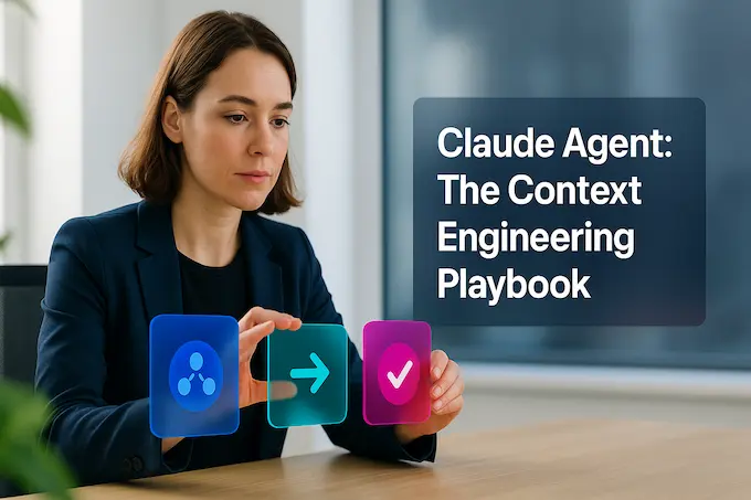 Professional English woman arranging loop icons, illustrating a Claude agent with memory, tools, and verification in a bright studio.