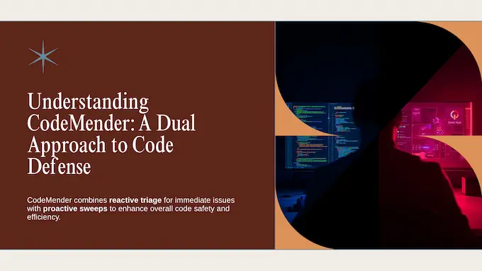 Professional engineer in a bright lab reviewing CodeMender patch results, with clean negative space for the headline overlay.