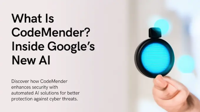Split scene contrasts CodeMender’s reactive triage with proactive code sweeps in a bright, high-contrast studio setting.