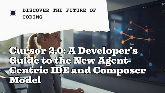 Professional woman engineer with agent board and headline, showing collaborative power of Cursor 2.0 in a bright editorial scene.